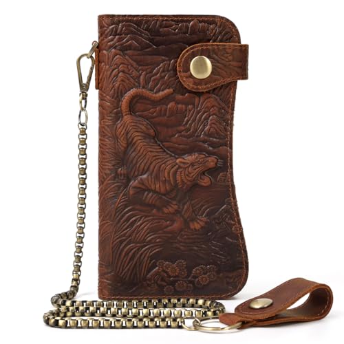 Motorcycle Chain Wallet for Men Tri-fold Long Biker Wallet with Heavy Duty Chain for Bikers Truckers Hunters - color: 10-Brown with Tiger