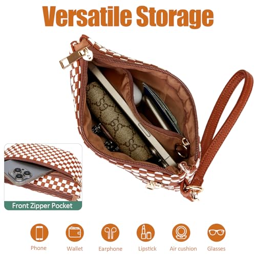 Woven Wristlet Bag for Women Checkered Crescent Pouch Wallet Small Purse - color: Brown
