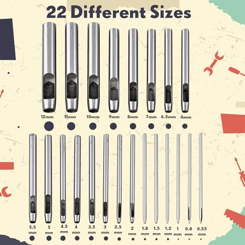 22 Sizes Hollow Leather Hole Punch Set Steel Round Hole Punch Set Leather Hollow Punching Tool for Watch Band, Gasket Belt, Fabric, Canvas Paper, Plastics, 0.5mm-12mm