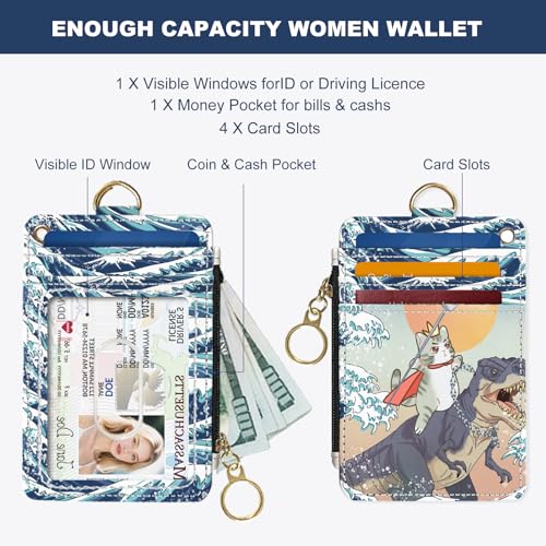 Slim Wallet Credit Card Holder, Cat and Dinosaur, RFID Wallet Women Cute Small Front Pocket Wallet With Zipper, PU Leather Thin travel RFID Blocking Card Case ID Window ,Ladies Gifts - color: Cat and Dinosaur