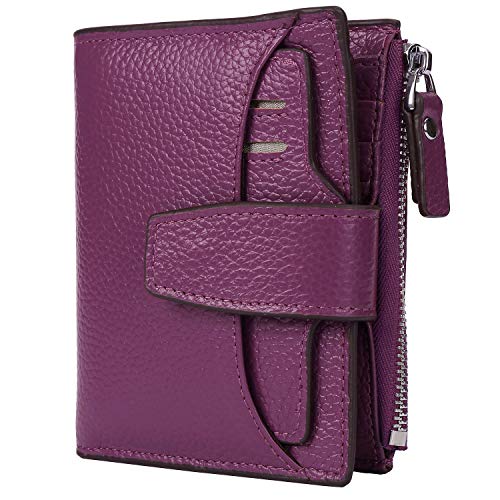 Women's RFID Blocking Leather Small Compact Bi-fold Zipper Pocket Wallet Card Case Purse with id Window - color: Lichee Dark Magenta