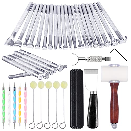 Leather Stamping Tools, Leather Carving Tool Kit, Saddle Making Tools Set | Swivel Knife, Leather Working Hammer, Cutting Knife, Wool Daubers, Frosted Strip for Leather Stamping, Carving - color: Large Set