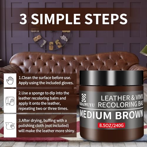 Leather Recoloring Balm,8.5oz Leather Color Restorer,Medium Brown Leather Repair kit for Furniture and Car Interior,Leather Couch Scratch Repair,Leather Dye Paint for Faded,Cracked and Damaged Leather - color: Medium Brown, size: Leather Recoloring Balm