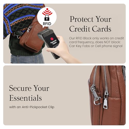 befen Genuine Leather Sling Bag for Women Anti-Theft Crossbody Chest Bags Fanny Packs for Travel with RFID Card Slots | Real Leather, Anti Theft, RFID Blocking, 3 Card Slots, Anti Pocket Bag, Multi Pockets, Travel Purse - color: Cognac Brown