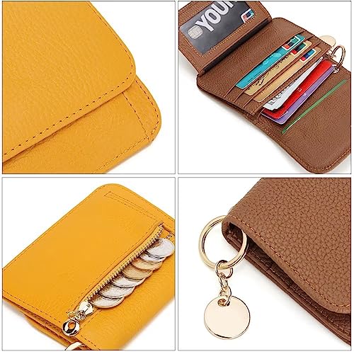 Mudono Small Wallet for Women RFID Blocking Genuine Leather Card Case Slim Tri-Fold Wallet with Zipper Pocket and Keychain - color: Beige