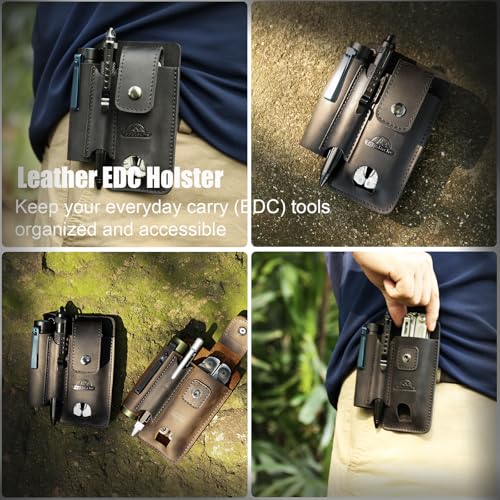 Topstache Leather Multitool Sheath with Belt Clip - Leather Multitool Holder with Closure Flap - EDC Belt Organizer Fits Multitool, Flashlight, Pen - EDC Pouch Belt Holster Case, Black - color: Black