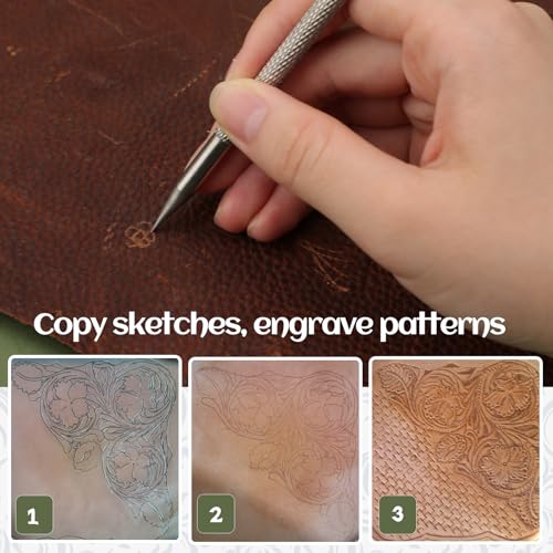 QMNNMA Leather Scriber Pen, Leather Positioning Pen | Steel Picker Pen with Carving Pattern Description Paper, Leather Tooling Patterns, Leather Marking Tool for DIY Crafts
