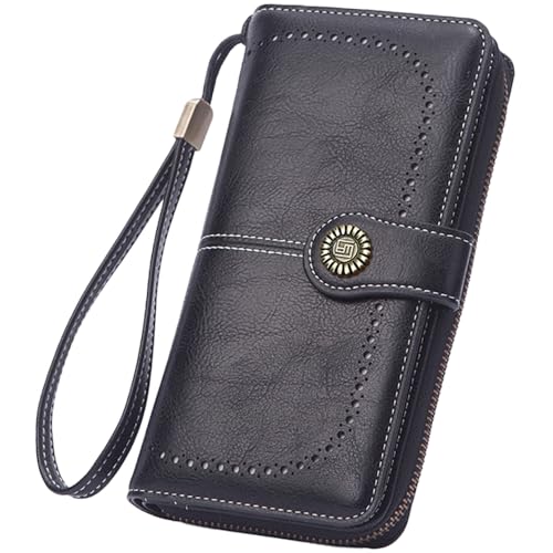 Women Leather Wallet Crossbody Shoulder Bag with Double Zipper and Mobile Phone Purse with Shoulder Strap - color: 665-black