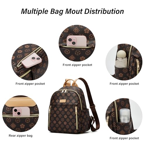 Makes Mini Backpack for Women, Small Casual Backpacks Daily Travel Bag 2pcs | Small Bookbag,Work Travel School PU Leather Shoulder Bag Mochilas Para Mujer Rucksack Gifts for Lady Girls Mother Wife - color: Coffee Flower