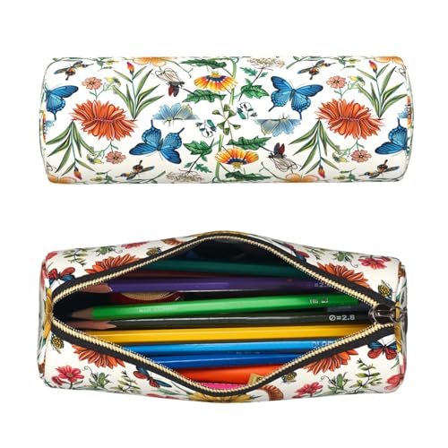 OSAM SPACE Leather Pencil Case Round Pencil Bag Flowers Dragonflies Butterfly Pen Organizer Holder Portable Zipper Pouch Cute School Supplies for Girls Boys Study Office - color: Flowers Dragonflies Butterfly