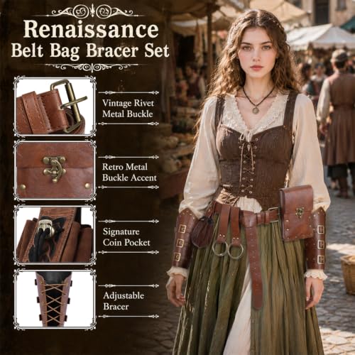 7PCS Renaissance Accessories Set | Including Medieval Belt with Belt Pouch, Coin Pouch, Leather Bracers & O-Ring Hangers for Halloween, LARP, Viking & Cosplay - color: Brown