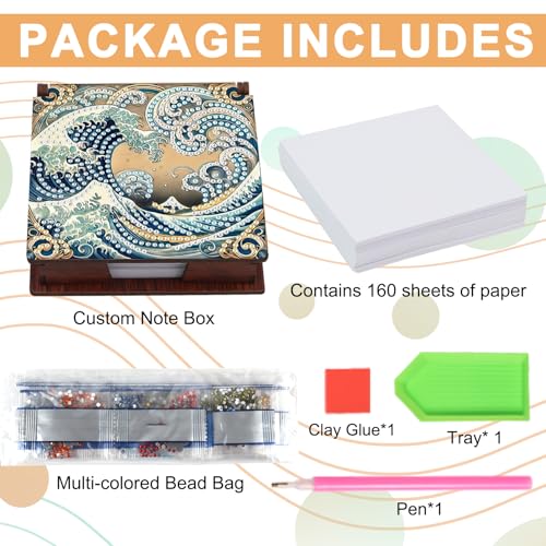 JISHSHAY Diamond Painting Note Box Sea Wave Diamond Art Sticky Note Holder Gem Art Notecard Box Gem Painting Mosaic Kits for Adults Embroidery Kit Memo Pad Holder, Contains 160 Sheets of Paper - color: Sea Wave