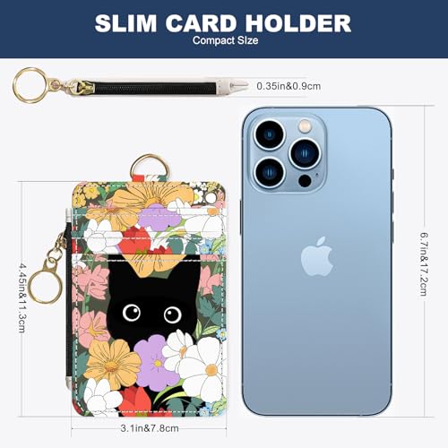 Slim Wallet Credit Card Holder, Flower Bushes And Cats, RFID Wallet Women Cute Small Front Pocket Wallet With Zipper, PU Leather Thin travel RFID Blocking Card Case ID Window ,Ladies Gifts - color: Flower Bushes And Cats