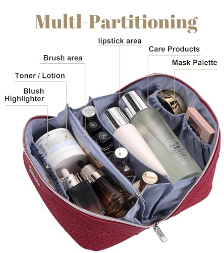 BOYATU Travel Makeup Bags Cosmetic Organizer Bag: 3 Pcs Set Large Capacity Make up Bag with Compartments - Waterproof Leather Toiletry Bags with Handle for Women (A-Red) - color: A-Red