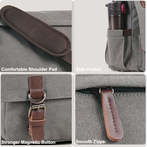 Vintage Messenger Bag 15.6 Inch Laptop for Men Women, Large Travel Crossbody Shoulder Purse Canvas Briefcase Work College - color: Grey-upgrade