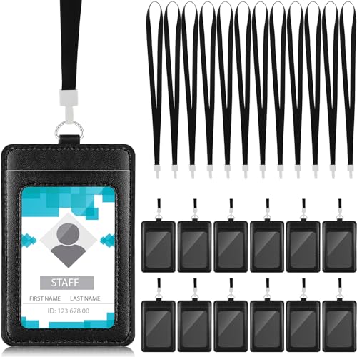 Ireer 12 Pcs ID Badge Holder with Lanyard, PU Leather Card Holder Vertical with Clear ID Access Card Window, Slot for Office Work, School Student, Black