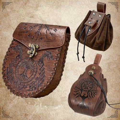 EpicCos 3 PCs Medieval Faux Leather Belt Bag Set, Renaissance Drawstring Pouch Dice Bag, Vintage Side Pack Coin Purse for LARP (Brown A) - color: Brown A