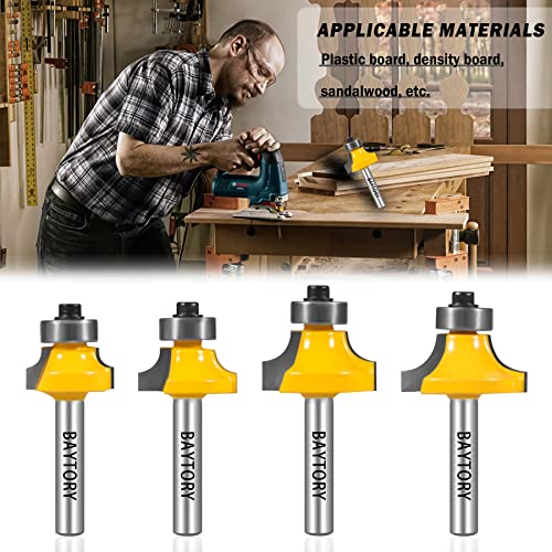 BAYTORY 4Pcs 1/4 inch Shank Round Over Edging Router Bit Set, Corner Rounding Edge-Forming Bit Set-1/8, 3/16", 1/4", 5/16", Woodworking Milling Cutter Tools