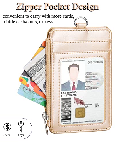 Teskyer Leather ID Badge Holder with Lanyard, Lanyard Wallet, Gold - color: Gold, size: 3.1" x 4.7"