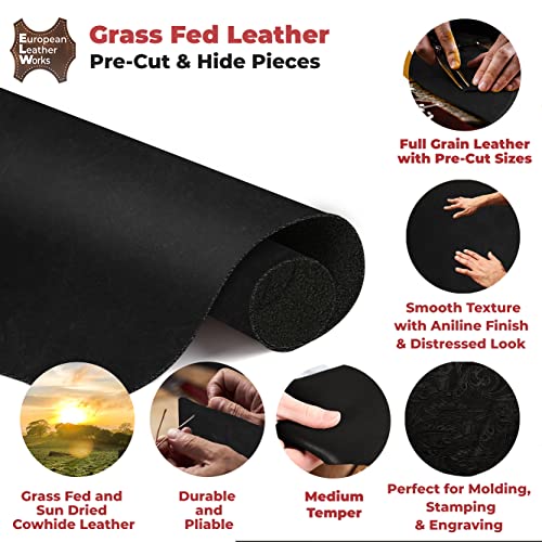 ELW Grass Fed Leather 8-10 oz. (3-4mm) Heavy Duty Pre-Cut 8-10 SQ FT Black Full Grain Cowhide for Tooling, Carving, Holsters, Belts, Bags, Boots, Shoes, Cases, Repair, Knife Sheaths, Furniture - color: Black, size: 8-10 SQ FT