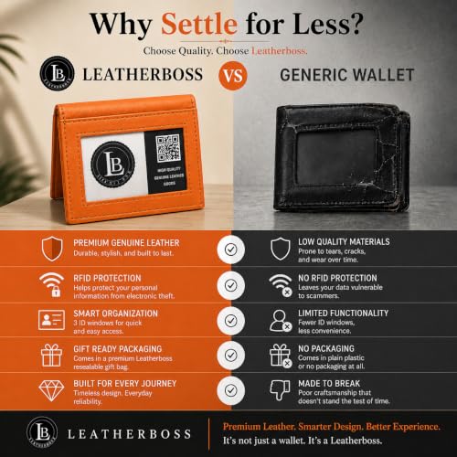 LB LEATHERBOSS Slim Thin Leather Credit Card Triple ID Window Mini Wallet Bifold Driver License Safe (Orange) - color: Orange