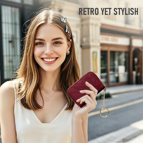 credit card holder for women，Embossed leather Rfid wallet women， KeyChain Wallet - color: Red