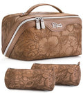 BOYATU Travel Makeup Bags Cosmetic Organizer Bag: 3-Set Make up Bag | Large Capacity PU Leather Toiletry Bags for Women - Wide Open Portable Pouch with Divider & Handle(01Brown) - color: 01-Z-Brown