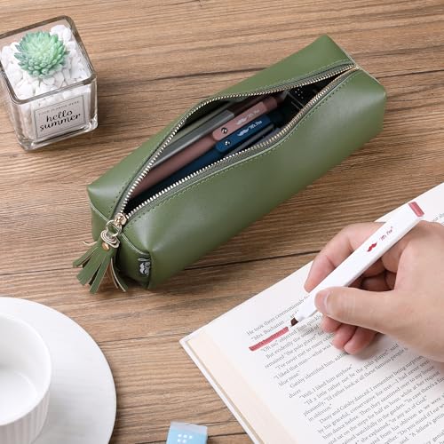 Mr. Pen- PU Leather Pencil Case, Green | Pencil Case Small Pencil Pouch Aesthetic Pencil Cases - color: Green