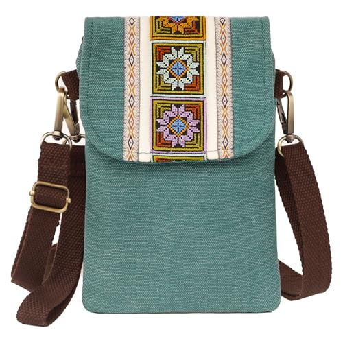 SILKAREA Vintage Embroidered Canvas Flip Small Crossbody Bag Cell Phone Pouch for Women Wristlet Wallet Bag Coin Purse - color: Pine Green