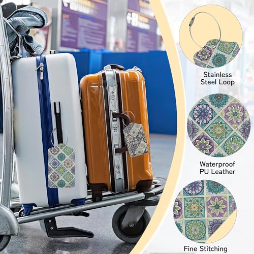Vintage Mandala Floral Luggage Tag for Suitcase,Design with Privacy Flap Name ID Label Metal Loop, 3 Pack - color: Vintage Mandala Floral