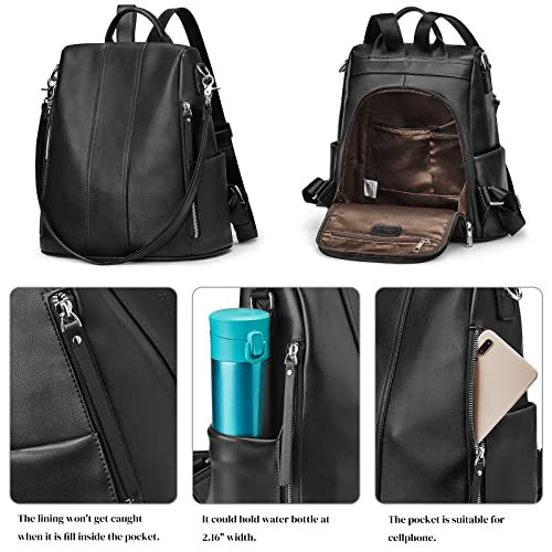 S-ZONE Leather Backpack Purses for Women Antitheft Rucksack Shoulder Bag Medium | Genuine Leather, Medium Fits 9.7-inch Tablet, for Work Travel Daily Commute, Multi Pockets, Adjustable Dual Straps - color: 2-black