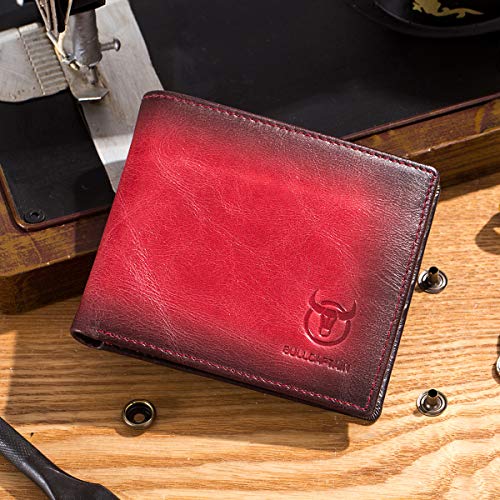 BULLCAPTAIN RFID Wallets for Men,Genuine Leather Wallet QB-05（Crimson ） - color: Crimson