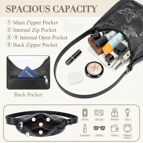 BELTANA Shoulder Bag for Women, Small Vegan Leather Butterfly Hobo Purse | Crescent Shoulder Purse, Top Handle Design, Lightweight, Underarm Style, Daily Travel & Shopping, Gift Choice - color: Black-silver