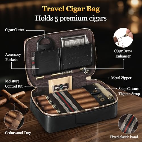 Cigar Humidor, Leather Travel Cigar Case, Portable Cigar Box with Cigar Draw Enhancer and Multifunction Cigar Cutter, Cigar Accessories Gift Set (Black) - color: Black