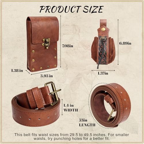 Renaissance Belt Pouch Medieval Pirate Costume Accessories Set for Cosplay | Viking Faux Leather Waist Bag, Skirt Hike Clips, Perfect for Women and Men Ren Faire, LARP, Fantasy, Halloween - color: Brown-M