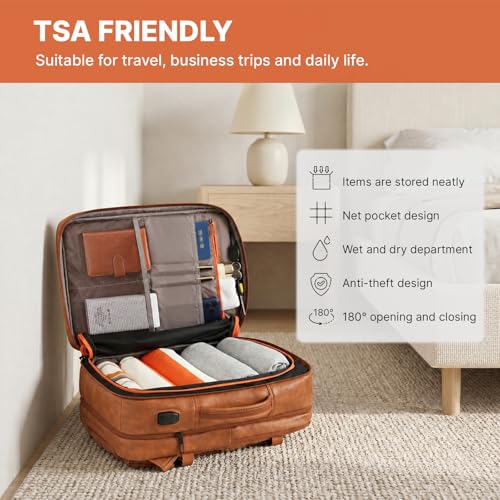 Travel Backpack Women, PU Leather Carry On Backpack Flight Approved, Brown | 40L, Laptop Compartment, Expandable, Personal Item Travel Bag, for Traveling Weekender Business - color: Brown