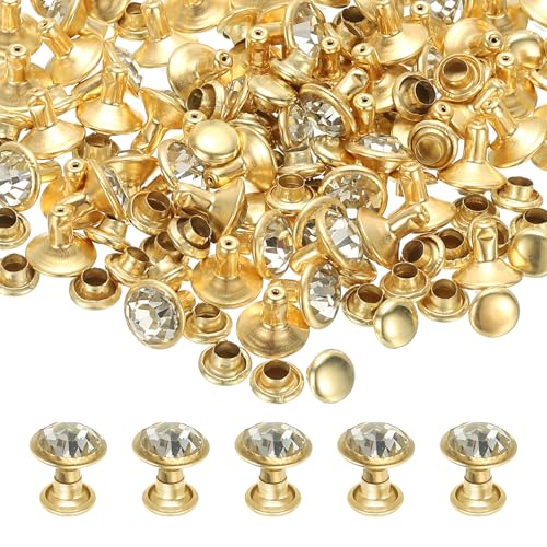 PATIKIL 8mm Leather Rivets, 70 Sets Rhinestone Rivet Studs Double Cap Spikes Rivet for Leather Crafting for Decor Repair DIY Clothing Belts Bags Shoes, Transparent Gold Tone - color: Transparent, size: 8mm