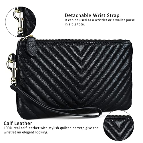 befen Genuine Leather Wristlet Clutch RFID Blocking Bag Cell Phone Purse | Cell Phone Wristlet Clutch for Women, Small Wallet Purses with RFID Blocking Card Slots - color: Chevron Quilted Black