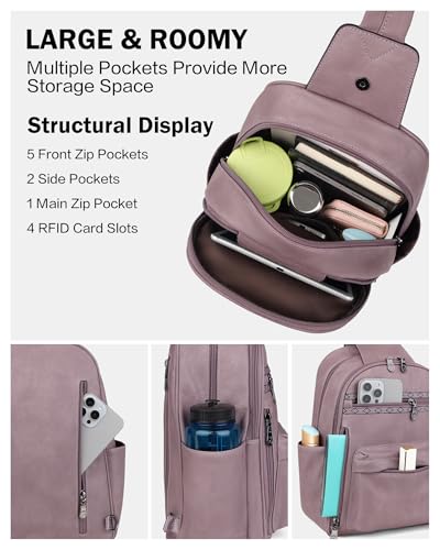 Large Sling Bag for Women, Designer 10L Leather Crossbody Purse | Anti Theft Sling Backpack, RFID Fanny Packs for Travel, Ideal for Vacation Walking Daily Errands - color: Purple Retro Style