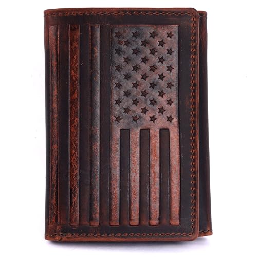 Trifold Wallet for Men, Full Grain Cowhide Leather, RFID Blocking, Gifts for Men (Brown with US Flag) - style: Brown With Us Flag