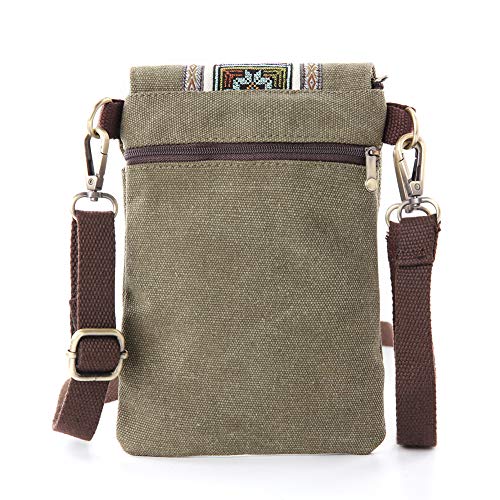 SILKAREA Vintage Embroidered Canvas Flip Small Crossbody Bag Cell Phone Pouch for Women Wristlet Wallet Bag Coin Purse - color: Army Green