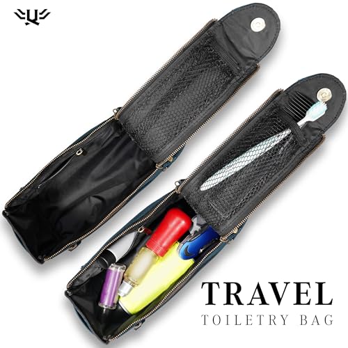Premium Handmade Leather Toiletry Bags for Men and Women, Genuine Leather Dopp Kit and Shaving Bag for Men, Travel Cosmetic Bag for Women's and Men's, Zipper Pocket, Navy - color: Navy Blue (Large)