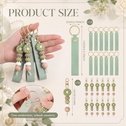 Wavyknot 12 Pack Daisy and PU Leather Beadable Keychain Bars Bulk Laser Engraving Blanks Keychain Kit for DIY Crafts Jewelry(Green,Rectangle) - color: Green, style: Rectangle