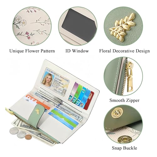 Women's Bifold Long Wallet, Slim & Thin RFID Blocking Floral Vegan Leather Card Holder with Bow Keychain (Green) - color: Green