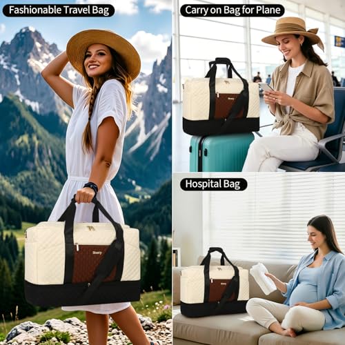 Stuery Weekender Bags for Women with Toiletry Bags: Large Overnight Bags Travel Duffel Bag Carry On Shoulder Weekend Tote with Shoe Compartment and Wet Pocket for Girls Airplane Traveling - color: A-3PCS White Brown Black
