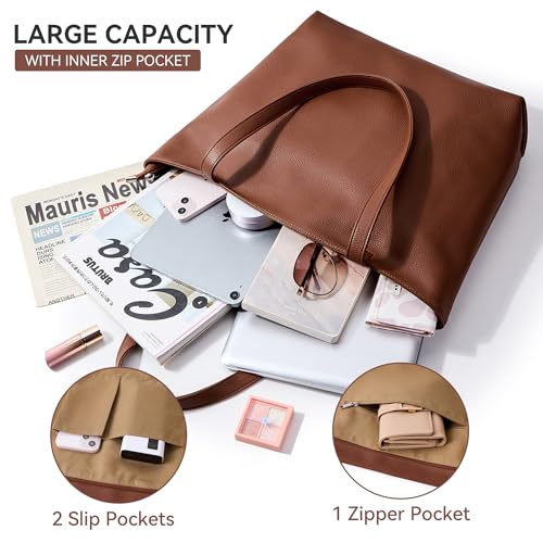 WLLWOO Soft Vegan Leather Tote Bag for Women Large Hobo Zipper Purse | Casual Shoulder Handbags Carryall for Work Daily Weekender Travel Commute - color: Brown