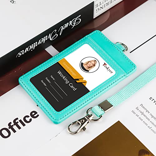 Teskyer Leather ID Badge Holder with Lanyard, Vertical Cyan | Durable Nylon Lanyard, Rear Card Pocket, Scan Without Removing Card, Built to Last, Work & Cruise Ready - color: Green, size: Vertical