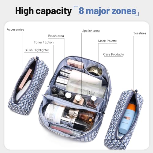 BOYATU Travel Makeup Bag Cosmetic Bags for Women: 3 Pcs Set Make up Bag | Large Capacity Waterproof Vegan Leather Organizer Bags with Compartments - Lay flat Toiletry with Handle (M-77Blue) - color: M-77Blue