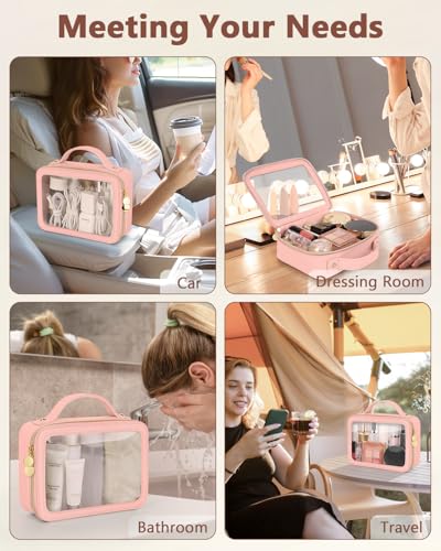 Soimeat Clear Makeup Bag, Portable Travel Cosmetic Bags, Multipurpose Leather Toiletry Bag with Zipper, Waterproof Transparent Cosmetic Organizer for Women, Medium, Pink - color: Pink, size: Medium