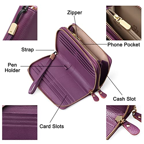 SENDEFN Leather Women Wallet RFID Blocking Zipper Around Phone Holder Clutch Wristlet Large Capacity - color: Purple